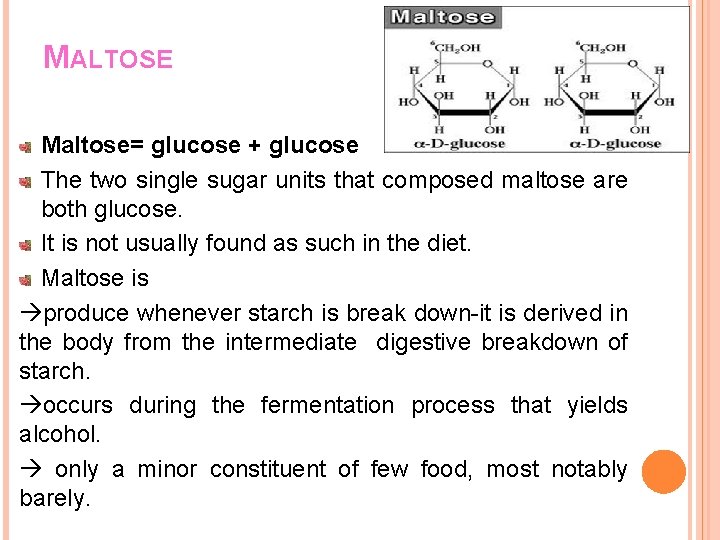 MALTOSE Maltose= glucose + glucose The two single sugar units that composed maltose are