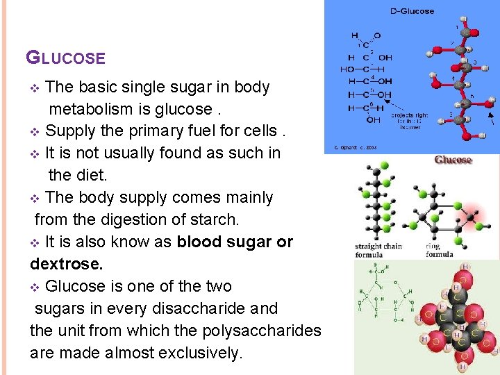 GLUCOSE The basic single sugar in body metabolism is glucose. v Supply the primary