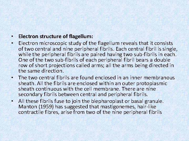 • Electron structure of flagellum: • Electron microscopic study of the flagellum reveals