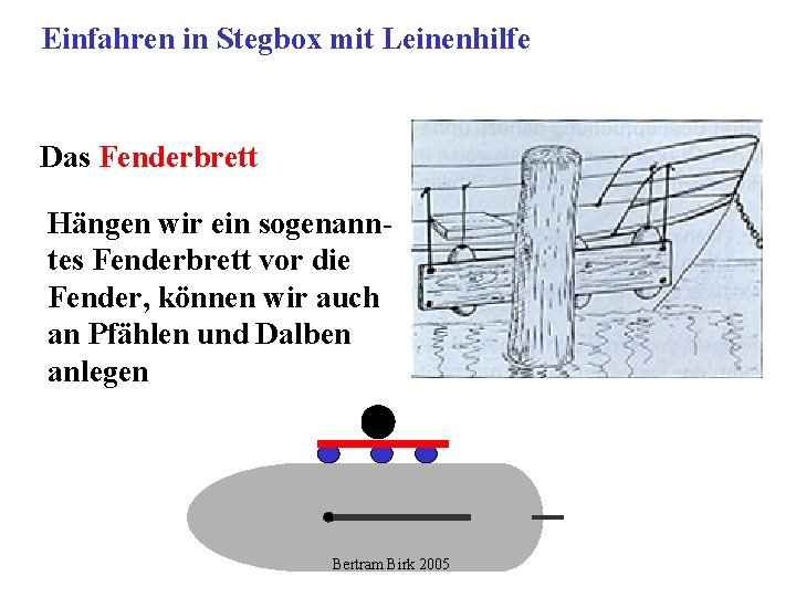 Einfahren in Stegbox mit Leinenhilfe Das Fenderbrett Hängen wir ein sogenanntes Fenderbrett vor die