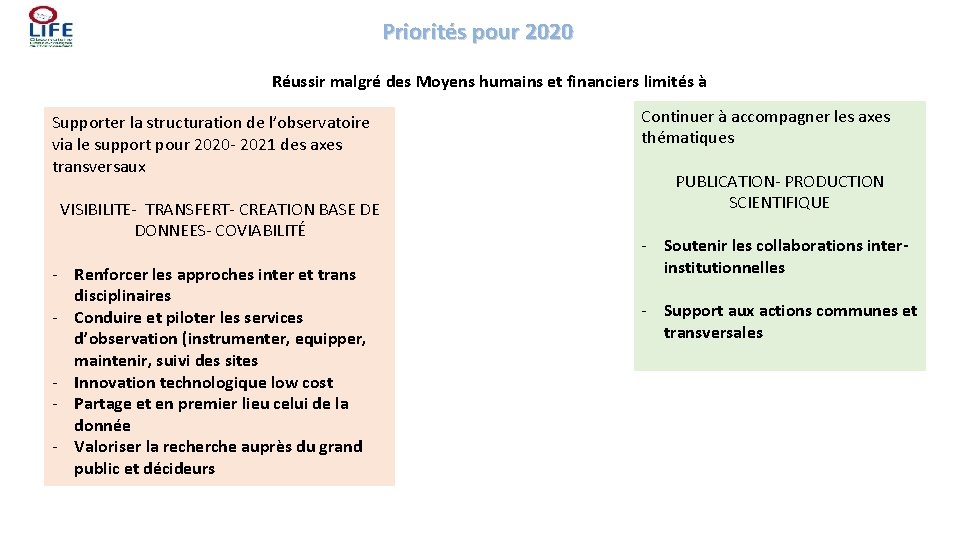 Priorités pour 2020 Réussir malgré des Moyens humains et financiers limités à Supporter la