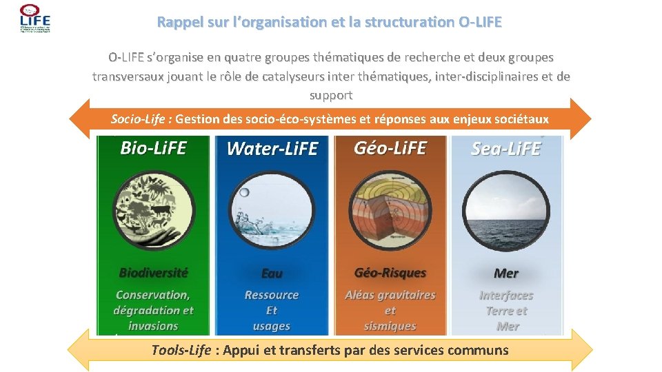 Rappel sur l’organisation et la structuration O-LIFE s’organise en quatre groupes thématiques de recherche