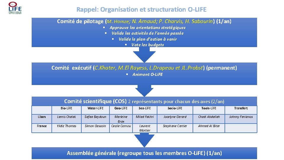 Rappel: Organisation et structuration O-LIFE Comité de pilotage (M. Hamze; N. Arnaud; P. Charvis,