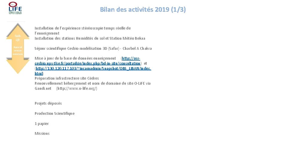 Bilan des activités 2019 (1/3) Installation de l’expérience stéréoscopie temps réelle de l’enneigement Installation