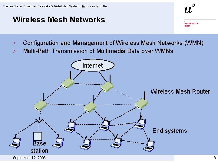 Torsten Braun: Computer Networks & Distributed Systems @ University of Bern Wireless Mesh Networks