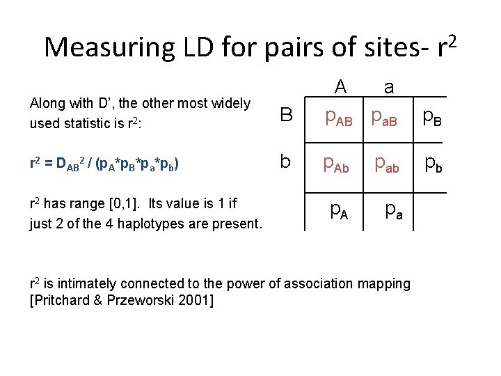 Measuring LD for pairs of sites- r 2 Along with D’, the other most