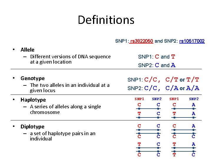 Definitions SNP 1: rs 3822050 and SNP 2: rs 10517002 • Allele – Different