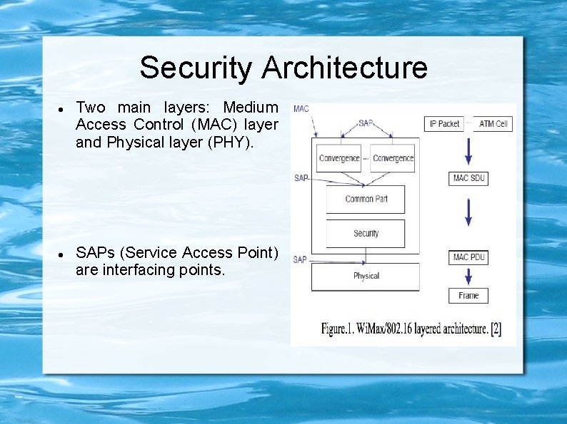 Security Architecture Two main layers: Medium Access Control (MAC) layer and Physical layer (PHY).