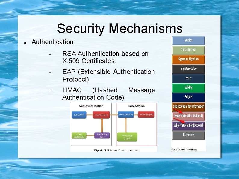 Security Mechanisms Authentication: RSA Authentication based on X. 509 Certificates. EAP (Extensible Authentication Protocol)