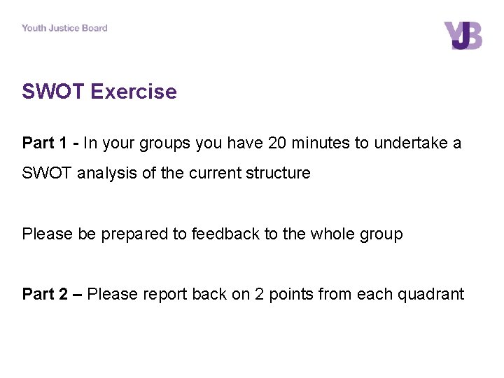 SWOT Exercise Part 1 - In your groups you have 20 minutes to undertake