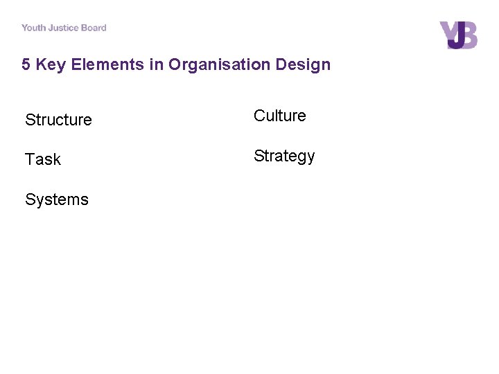 5 Key Elements in Organisation Design Structure Culture Task Strategy Systems 