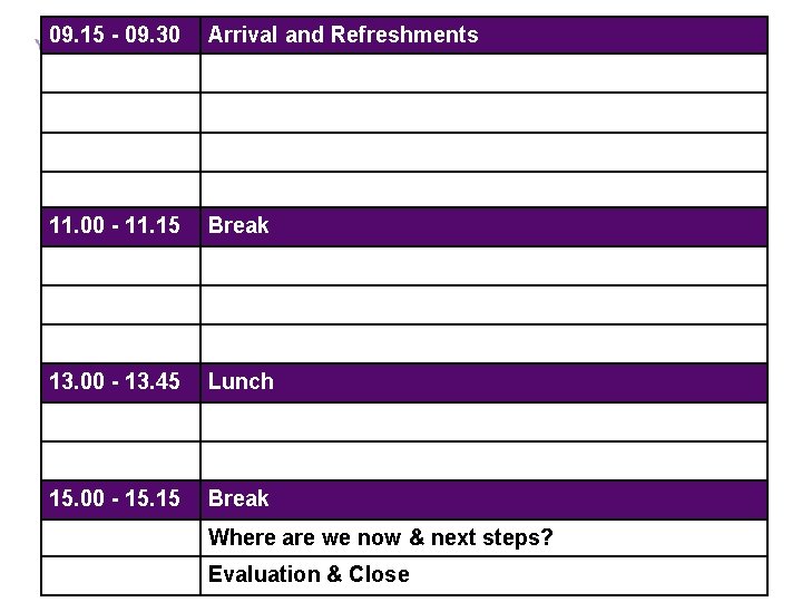 09. 15 - 09. 30 Arrival and Refreshments 11. 00 - 11. 15 Break