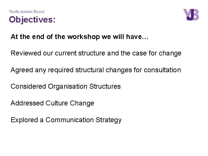 Objectives: At the end of the workshop we will have… Reviewed our current structure