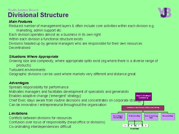 Divisional Structure Main Features Reduced number of management layers & often include core activities