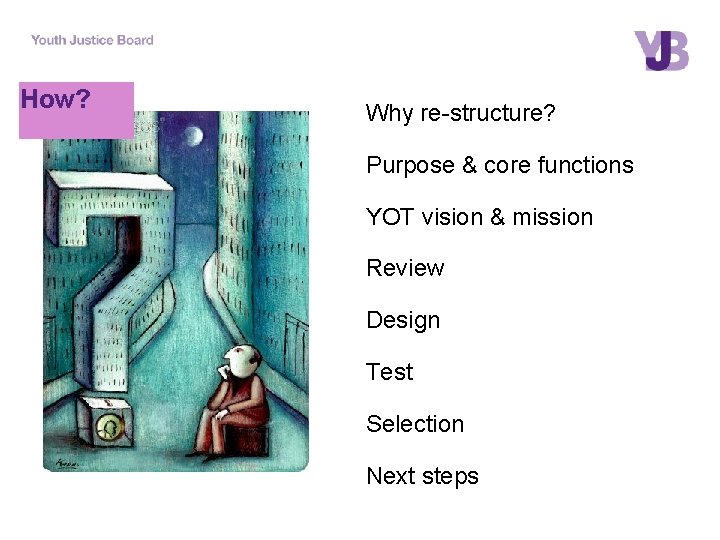 How? Why re-structure? Purpose & core functions YOT vision & mission Review Design Test