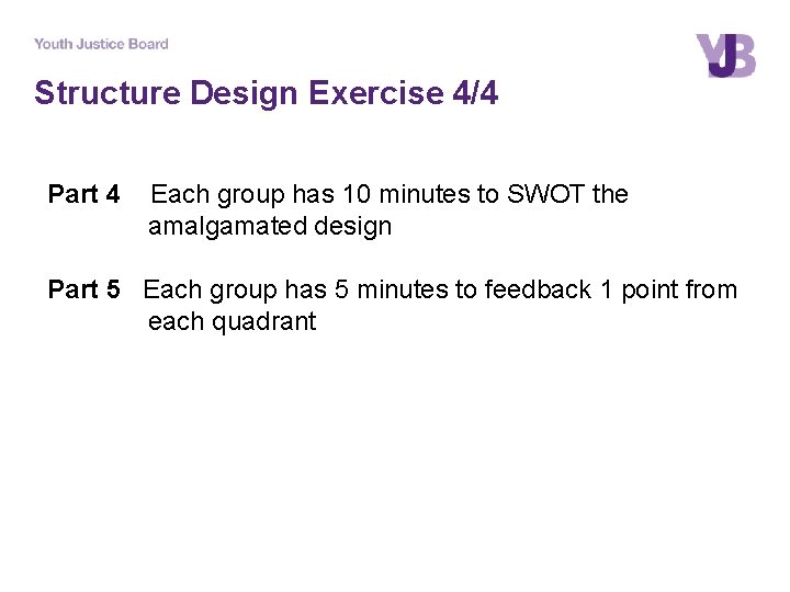 Structure Design Exercise 4/4 Part 4 Each group has 10 minutes to SWOT the
