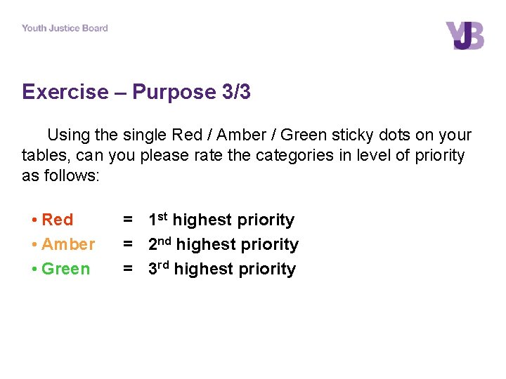 Exercise – Purpose 3/3 Using the single Red / Amber / Green sticky dots