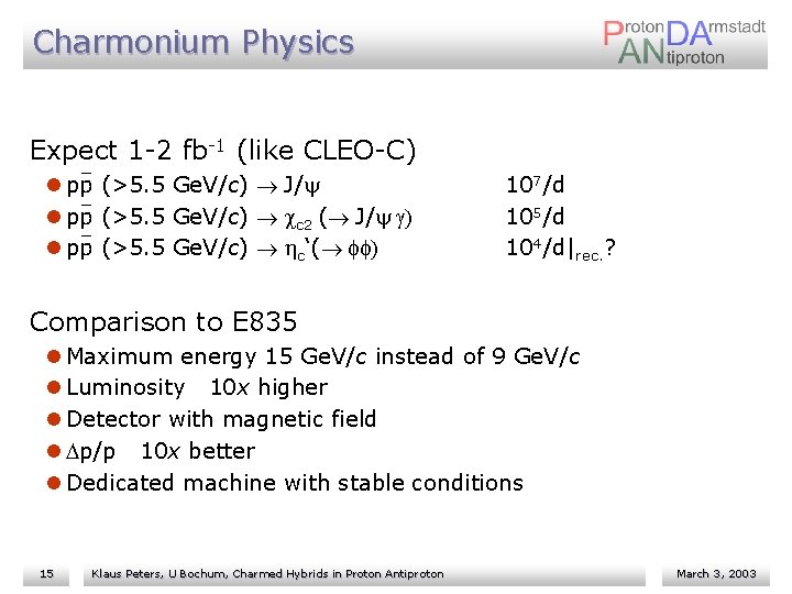 Charmonium Physics Expect 1 -2 fb-1 (like CLEO-C) l pp (>5. 5 Ge. V/c)