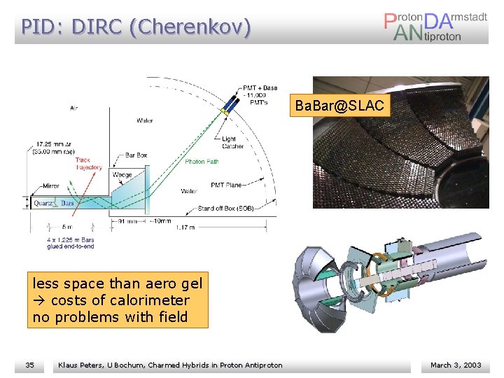 PID: DIRC (Cherenkov) Ba. Bar@SLAC less space than aero gel costs of calorimeter no