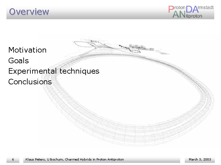 Overview Motivation Goals Experimental techniques Conclusions 6 Klaus Peters, U Bochum, Charmed Hybrids in