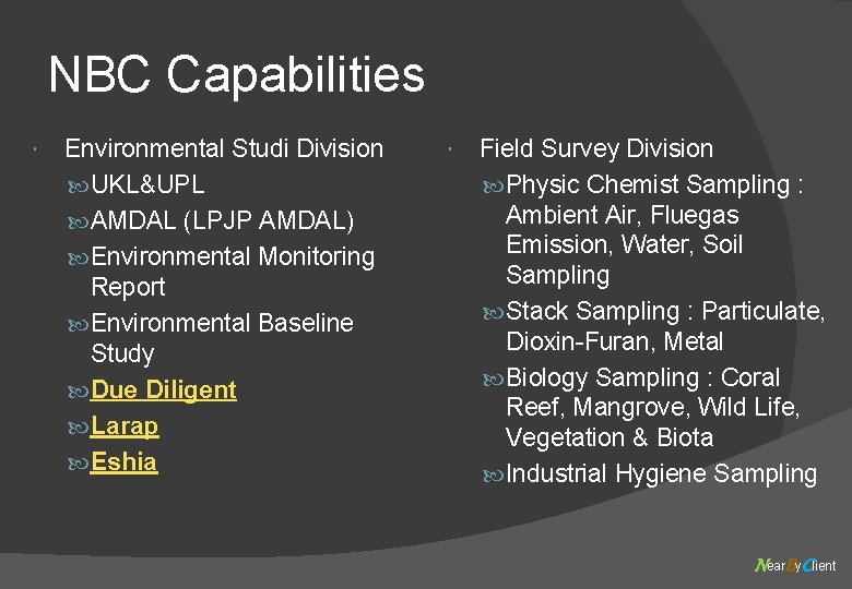 NBC Capabilities Environmental Studi Division UKL&UPL AMDAL (LPJP AMDAL) Environmental Monitoring Report Environmental Baseline