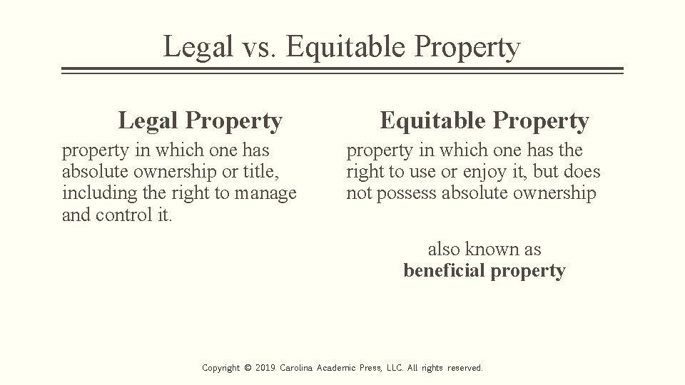 Legal vs. Equitable Property Legal Property property in which one has absolute ownership or