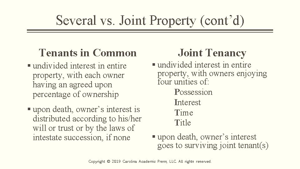 Several vs. Joint Property (cont’d) Tenants in Common § undivided interest in entire property,