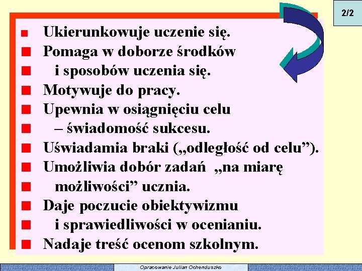 2/2 Ukierunkowuje uczenie się. Pomaga w doborze środków i sposobów uczenia się. Motywuje do