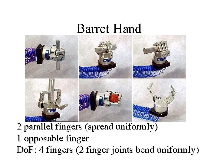 Barret Hand 2 parallel fingers (spread uniformly) 1 opposable finger Do. F: 4 fingers