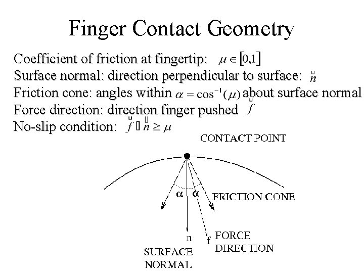 Finger Contact Geometry Coefficient of friction at fingertip: Surface normal: direction perpendicular to surface: