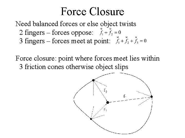 Force Closure Need balanced forces or else object twists 2 fingers – forces oppose: