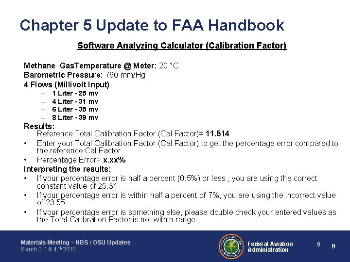 Chapter 5 Update to FAA Handbook Software Analyzing Calculator (Calibration Factor) Methane Gas. Temperature