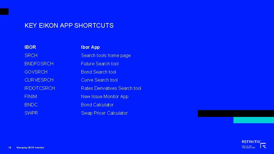 KEY EIKON APP SHORTCUTS 18 IBOR Ibor App SRCH Search tools home page BNDFOSRCH