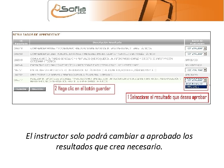 El instructor solo podrá cambiar a aprobado los resultados que crea necesario. 