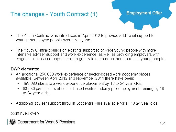 The changes - Youth Contract (1) Employment Offer • The Youth Contract was introduced