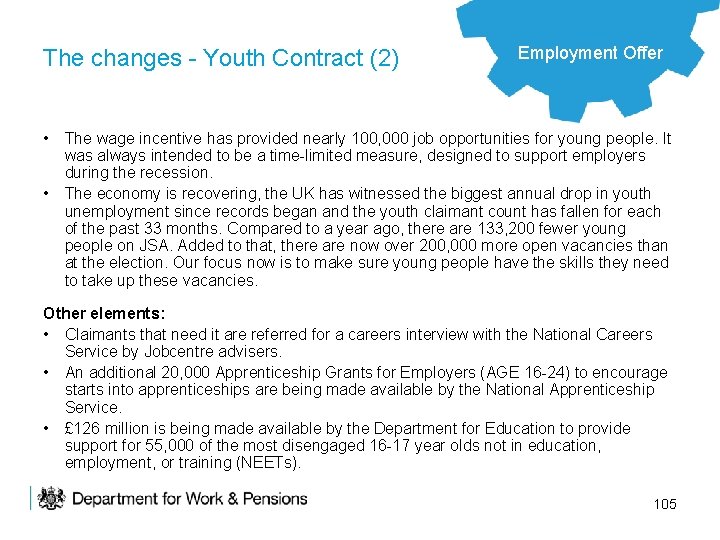 The changes - Youth Contract (2) Employment Offer • The wage incentive has provided