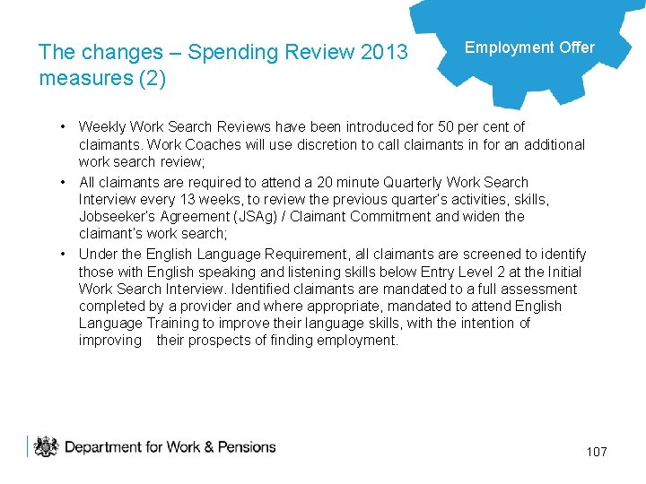 The changes – Spending Review 2013 measures (2) Employment Offer • Weekly Work Search