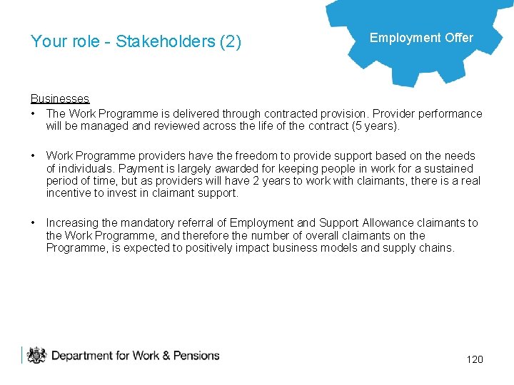 Your role - Stakeholders (2) Employment Offer Businesses • The Work Programme is delivered