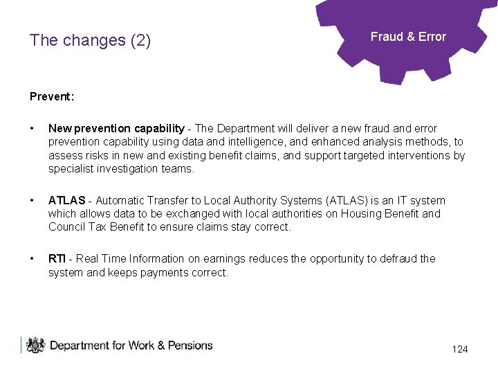 The changes (2) Fraud & Error Prevent: • New prevention capability - The Department