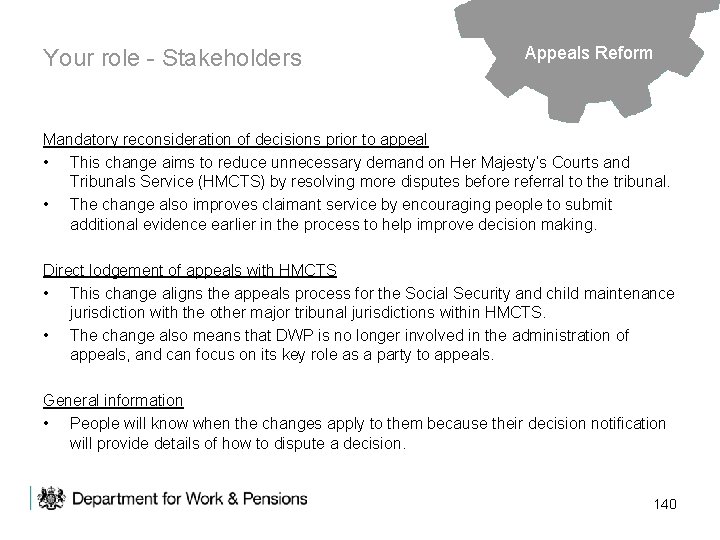 Your role - Stakeholders Appeals Reform Mandatory reconsideration of decisions prior to appeal •