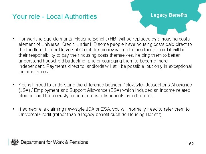 Your role - Local Authorities Legacy Benefits • For working age claimants, Housing Benefit