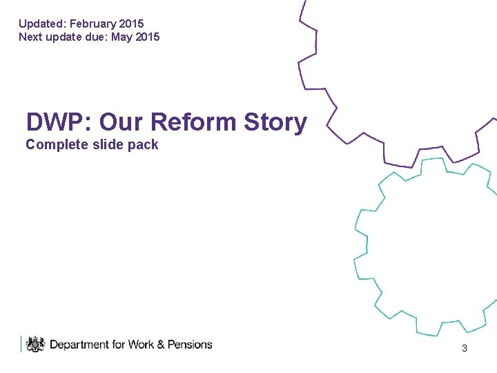 Updated: February 2015 Next update due: May 2015 DWP: Our Reform Story Complete slide