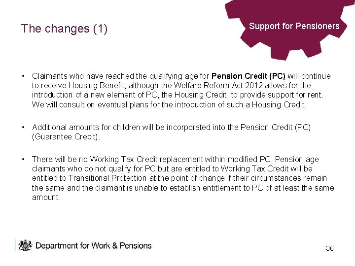 The changes (1) Support for Pensioners • Claimants who have reached the qualifying age
