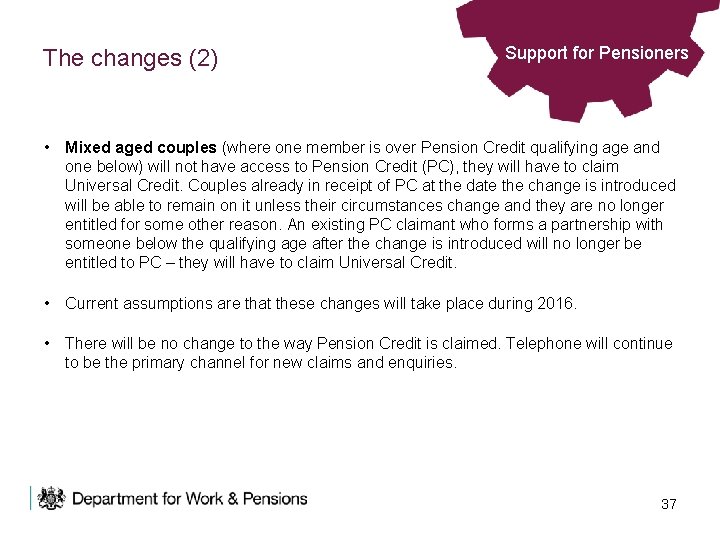 The changes (2) Support for Pensioners • Mixed aged couples (where one member is
