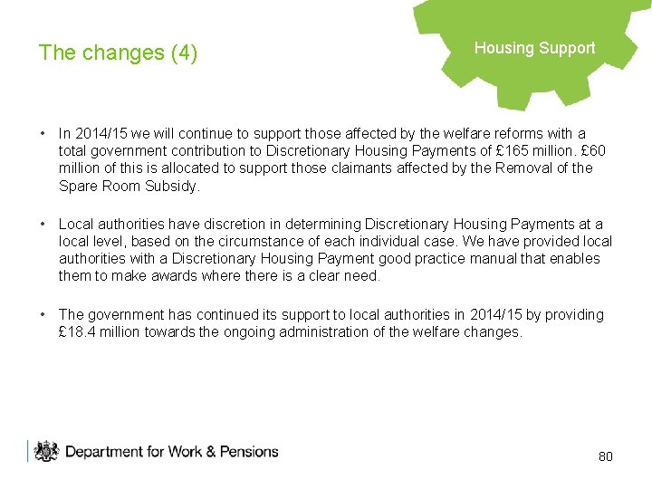 The changes (4) Housing Support • In 2014/15 we will continue to support those