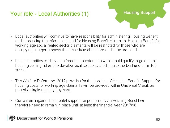 Your role - Local Authorities (1) Housing Support • Local authorities will continue to