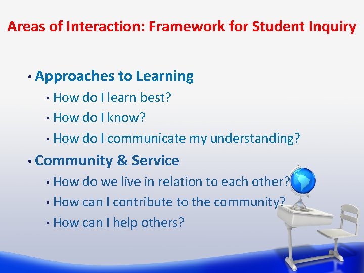 Areas of Interaction: Framework for Student Inquiry • Approaches to Learning How do I