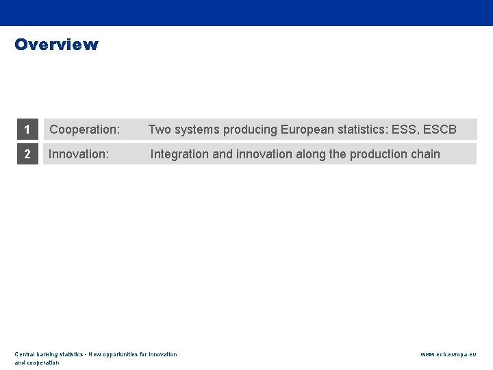 Rubric Overview 1 Cooperation: Two systems producing European statistics: ESS, ESCB 2 Innovation: Integration