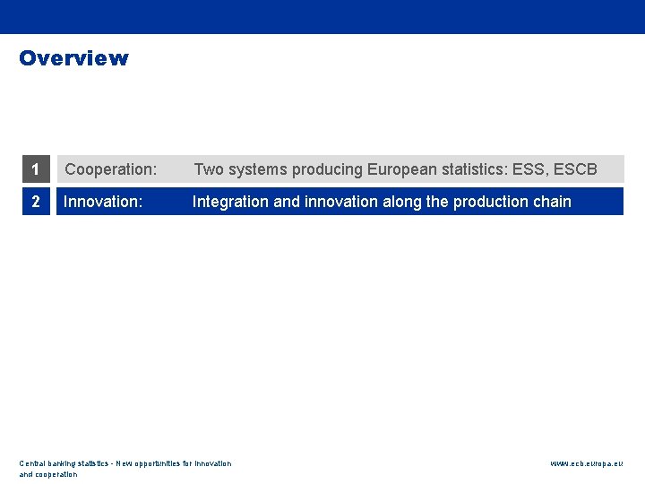Rubric Overview 1 Cooperation: Two systems producing European statistics: ESS, ESCB 2 Innovation: Integration