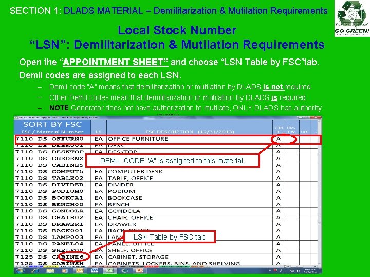 SECTION 1: DLADS MATERIAL – Demilitarization & Mutilation Requirements Local Stock Number “LSN”: Demilitarization